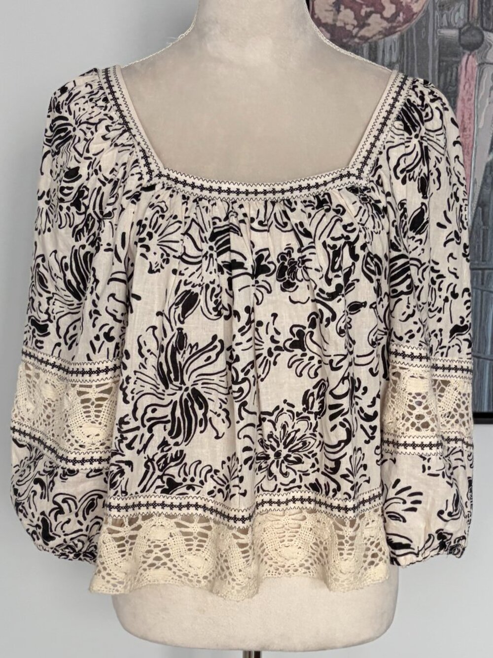 Christian Siriano Black/Cream Linen Top L